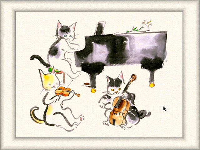 Screenshot of a cat playing piano next to a cat playing a violin and a cat playing cello
