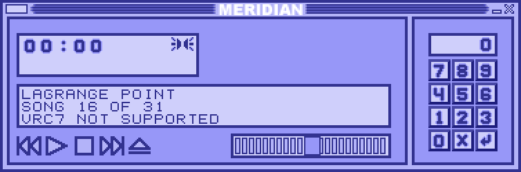 Screenshot of Meridian, a Winamp-styled music player. It's showing the music for "Lagrange Point" as playing, and states "VRC7 not supported".