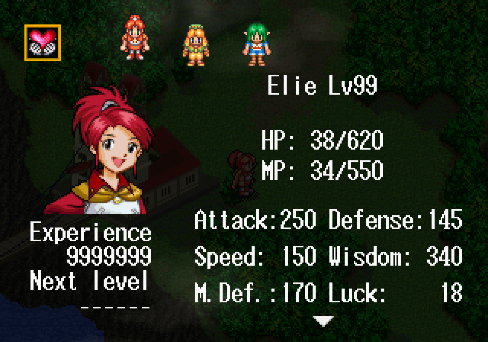 Screenshot of the character stats for a character named Elie, showing that she has 9999999 experience points.