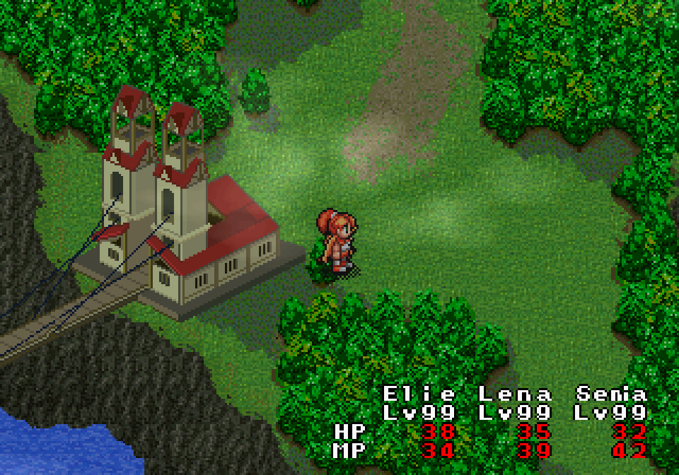 Screenshot of the world map of an RPG at the beginning of the game, showing the party members are all at level 99.
